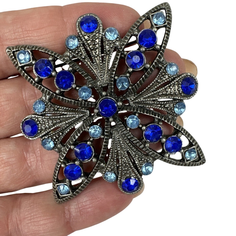 Vintage Blue Rhinestone Floral Brooch Silver Tone Starburst Pin - Picture 2 of 4